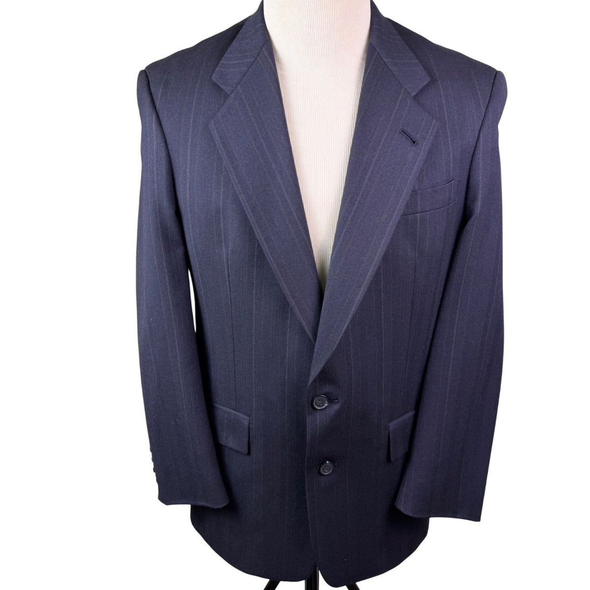 Christian Mens Navy Virgin Wool Pinstripe Suit Jacket & Pants Two Piece Set