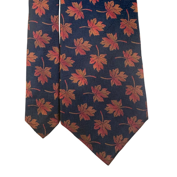 Ben Silver Mens Navy & Red 100% Silk Floral Handmade Tie Autumn Leaf Pattern