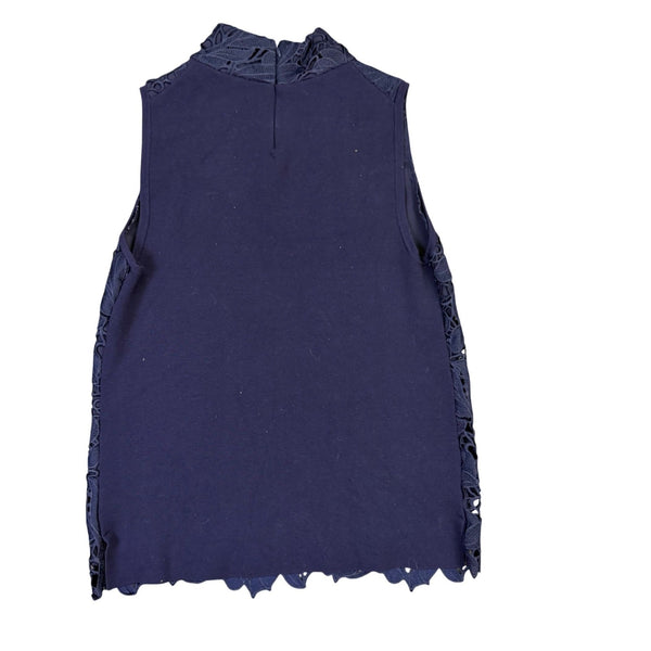 Ann Taylor Womens Navy Lace High-Neck Sleeveless Top Scalloped Hem Size XS