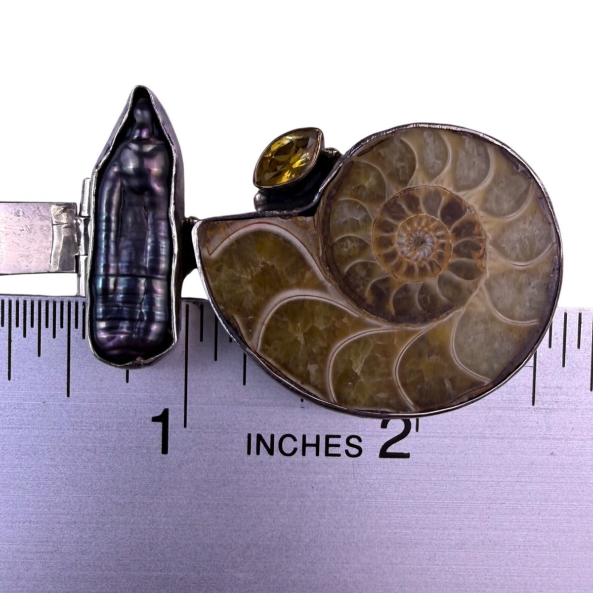 Sterling Silver 925 Womens Brown Fossil Ammonite Pendant With Gemstone & Pearl