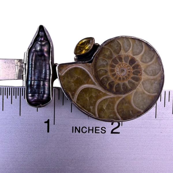 Sterling Silver 925 Womens Brown Fossil Ammonite Pendant With Gemstone & Pearl