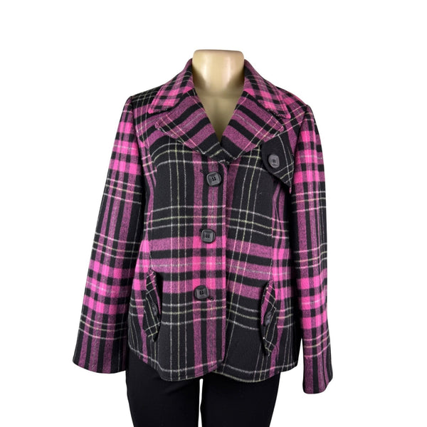 Abbie Mags Womens Black & Pink Plaid Wool Blend Button-Up Coat Retro Chic Size S