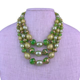 Vintage Womens Green & Gold Tone Beaded 3-Strand Necklace & Clip-On Earrings