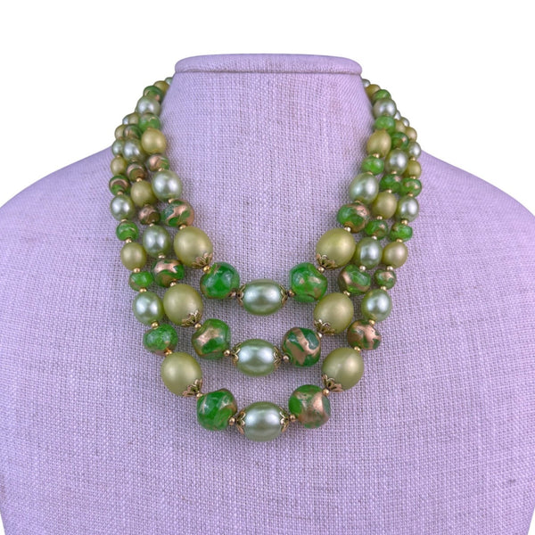 Vintage Womens Green & Gold Tone Beaded 3-Strand Necklace & Clip-On Earrings