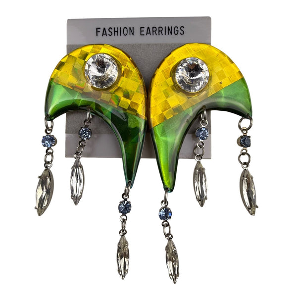 Green & Yellow Acrylic Dangle Earrings With Rhinestones & Crystal Accents