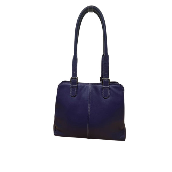 Levenger Women’s Purple Leather Double Strap Buckle Detail Zip Pocket Tote Bag