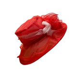 Red Womens Sheer Organza Wide Brim Hat With Ribbon Accent Elegant Style
