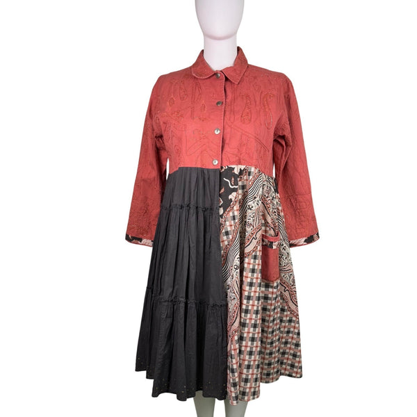 Shari B. Green Womens Red Black Patchwork Button-Up Dress Artsy Style Sz XL