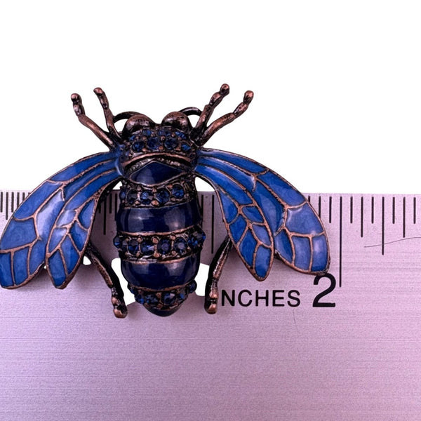 Bee-Vintage Blue Enamel Brooch With Imitation Crystals Copper Tone Jewelry