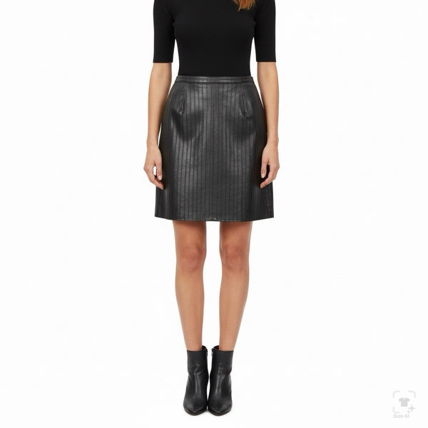 Vakko Women Black Leather Pencil SkirtStylish Vertical Detail Back Zipper Sz 8