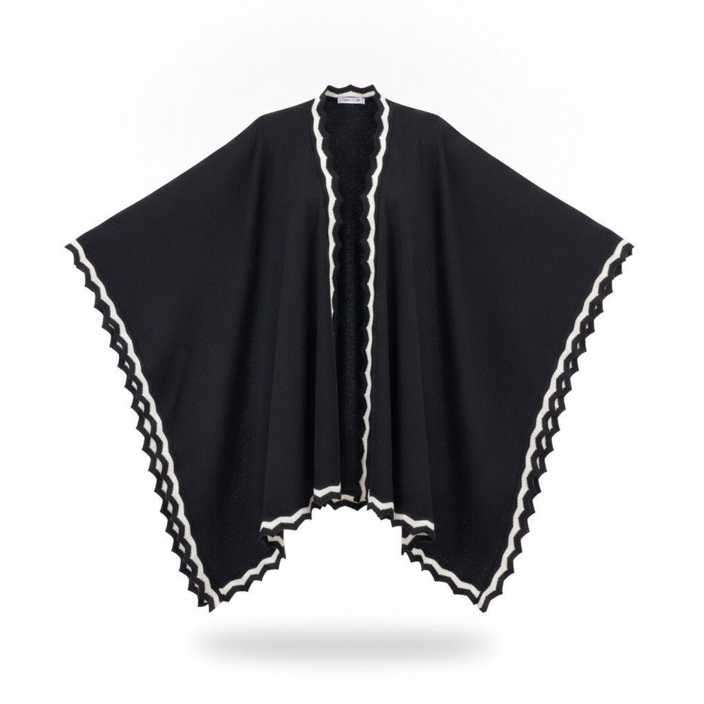 Chicos Womens Black/White Open Front Poncho Scalloped Edges Sz L/XL