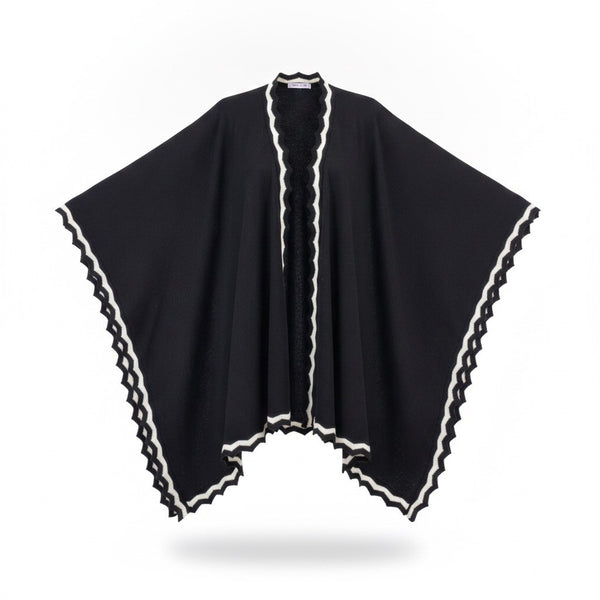 Chicos Womens Black/White Open Front Poncho Scalloped Edges Sz L/XL