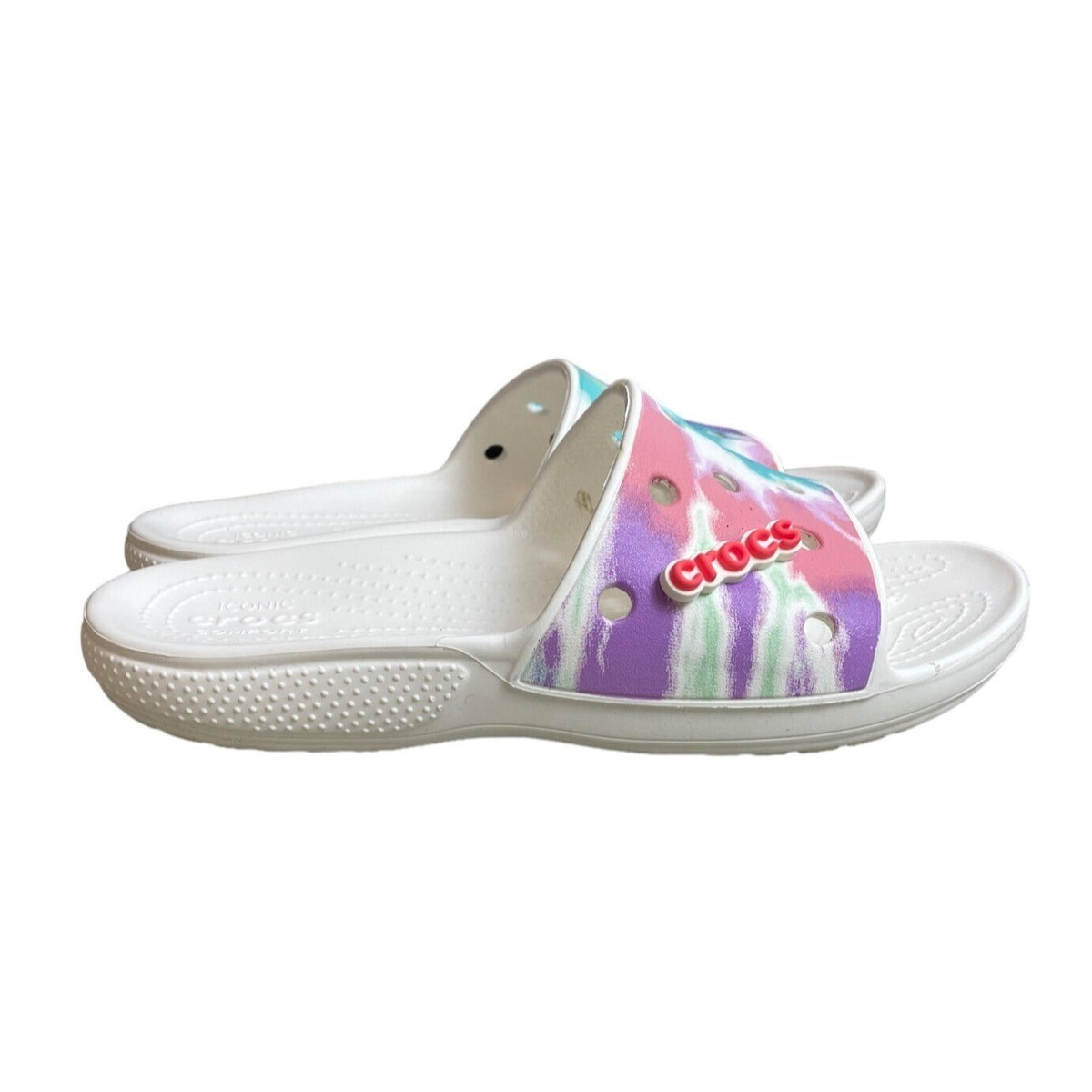 Crocs White Rainbow Tie-Dye Slippers Sandals Sz (Women 10 /Men 8) - NWOB
