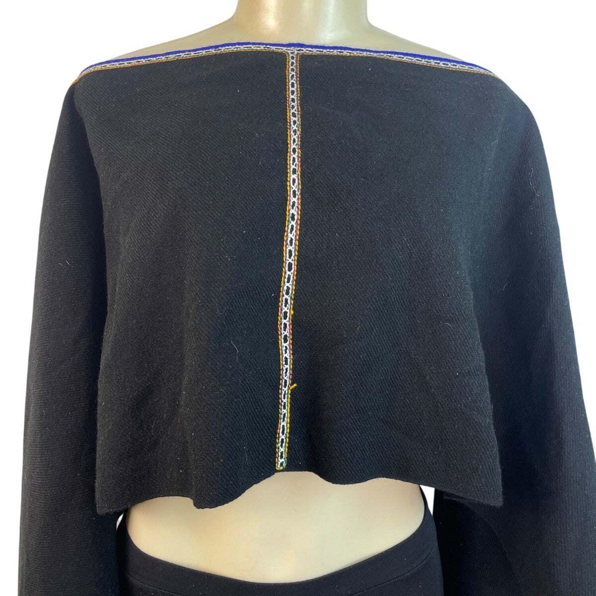Black Boho Off-Shoulder Crop Top With Bell Sleeves & Embroidered Trim