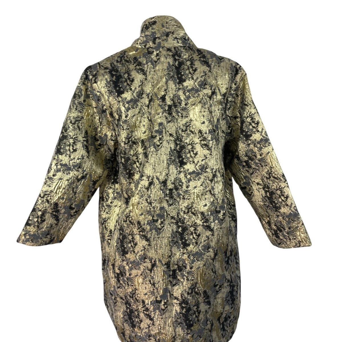 Natori Women's Gold & Black Metallic Brocade Open Front Long Sleeve Coat Sz M