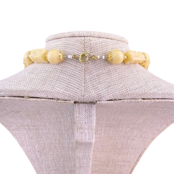 Hand Carved Bead Necklace Womens Cream Carved Artisan Statement Jewelry