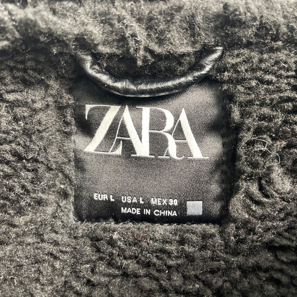 Zara Womens Black Moto Jacket With Belted Waist & Zipper Details Size L
