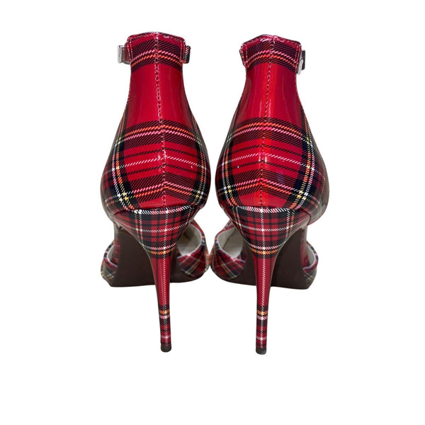 Jessica Simpson Women’s Red Faux Patent T-Strap Plaid Pointed Toe Heels Size 6M