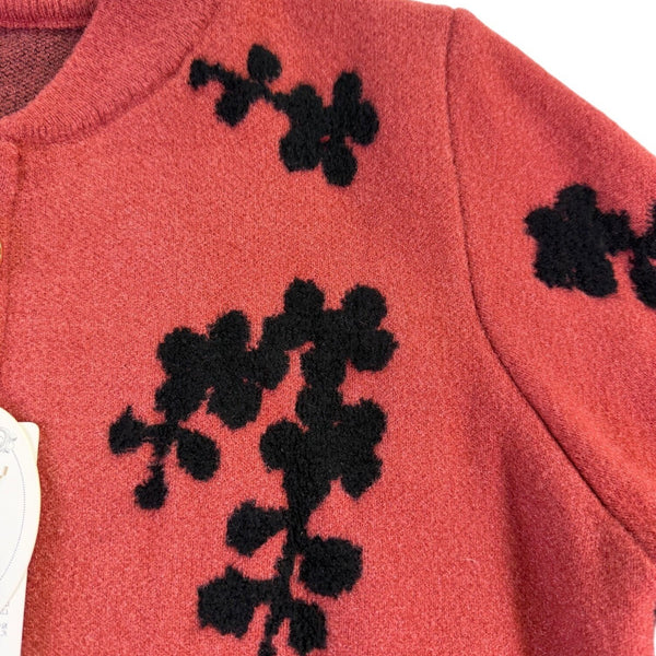 Womens Rust & Black Embroidered Pattern Knit Cardigan With Zipper & Pockets