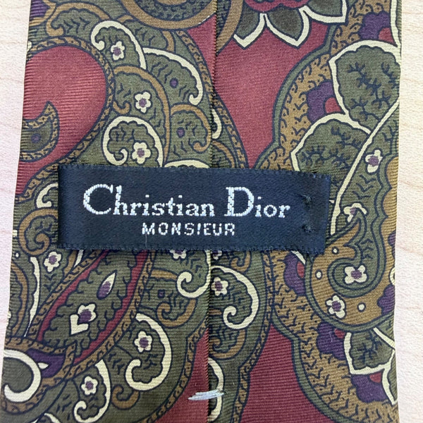 Christian D Mens Burgundy Green Paisley Silk Tie Fabric Woven Italy Made USA