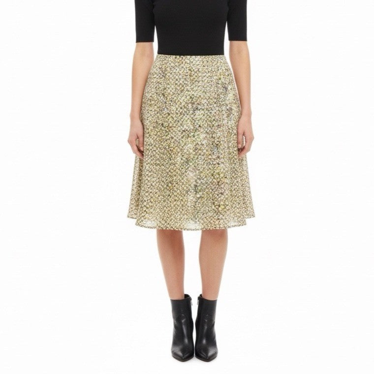 Banana Republic Womens Yellow Brown Silk Pleated Midi Skirt Abstract Print Sz 4