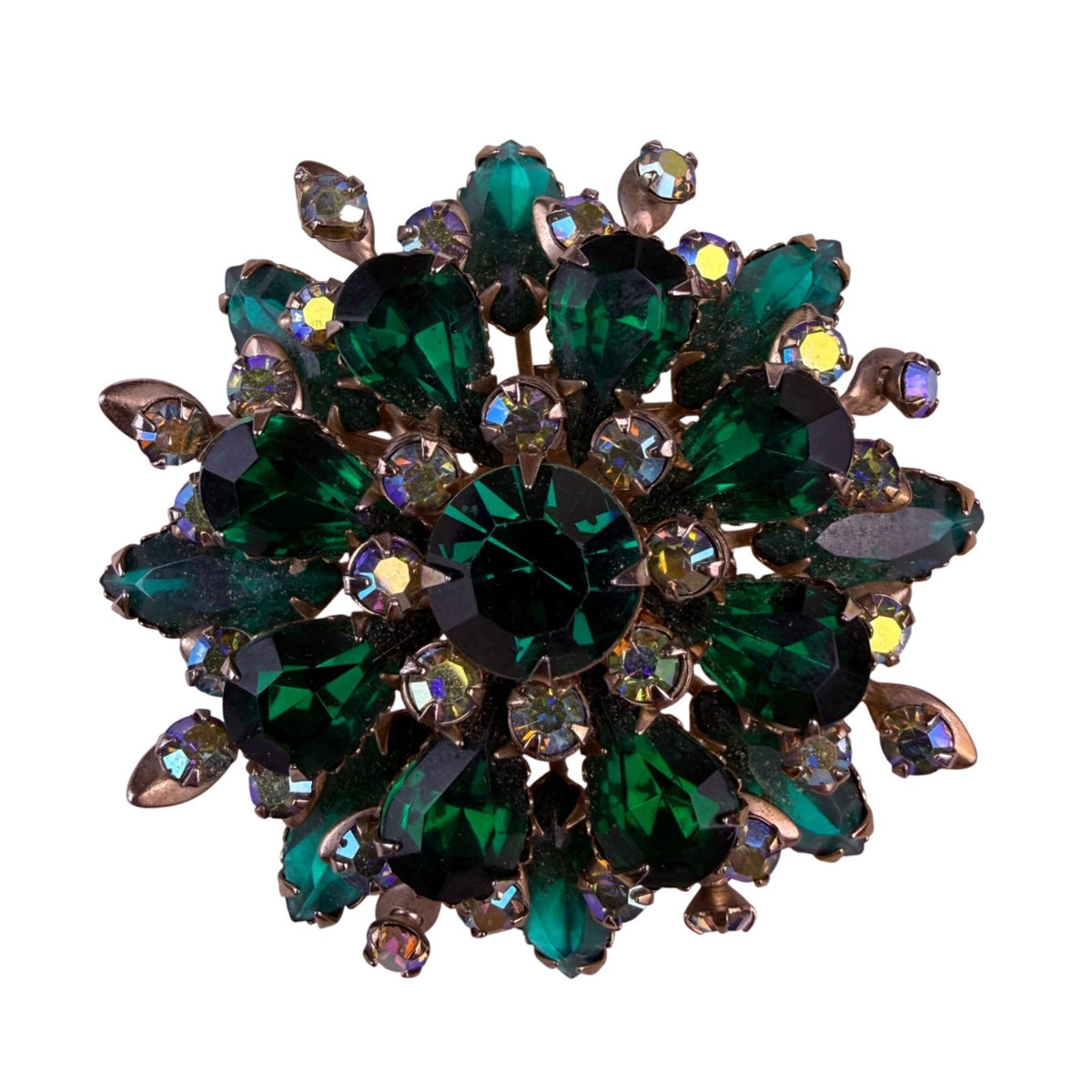 Vintage Gold Tone Women’s Rhinestone Brooch Green & Aurora Borealis