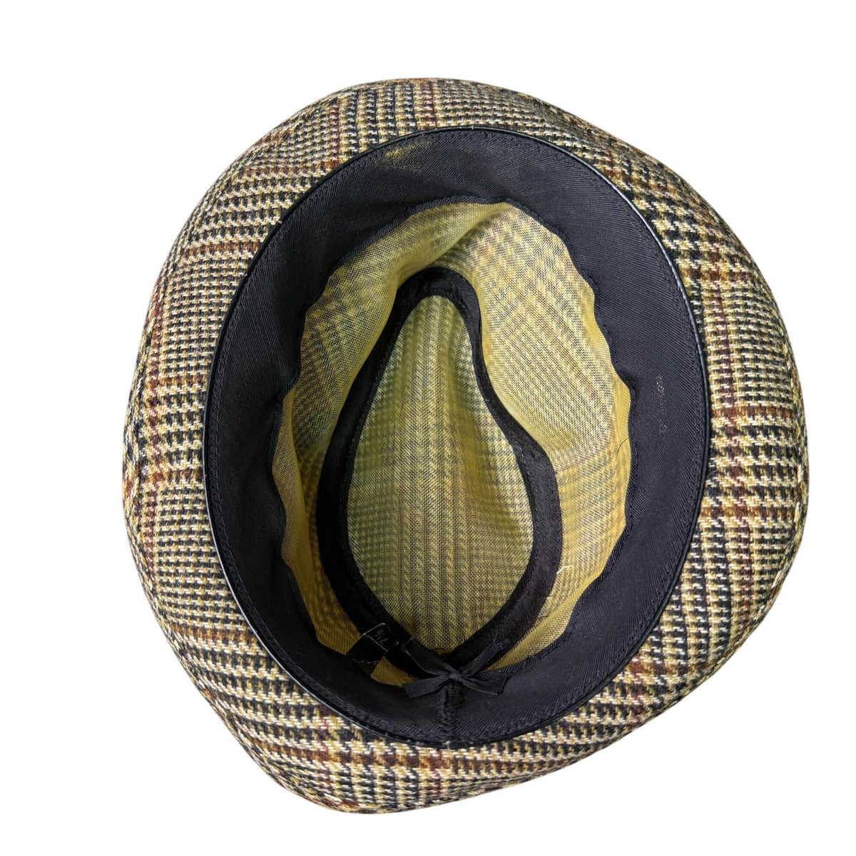 Vintage Unisex Yellow Plaid Wool Fedora Hat Checked Dupont Repel Feather Trim