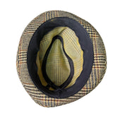 Vintage Unisex Yellow Plaid Wool Fedora Hat Checked Dupont Repel Feather Trim