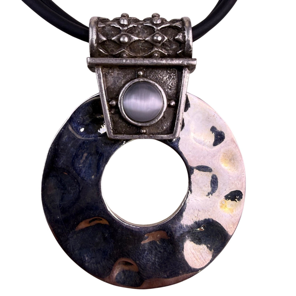 Silver Tone Womens Black Leather Necklace W/ White Eye Stone Pendant