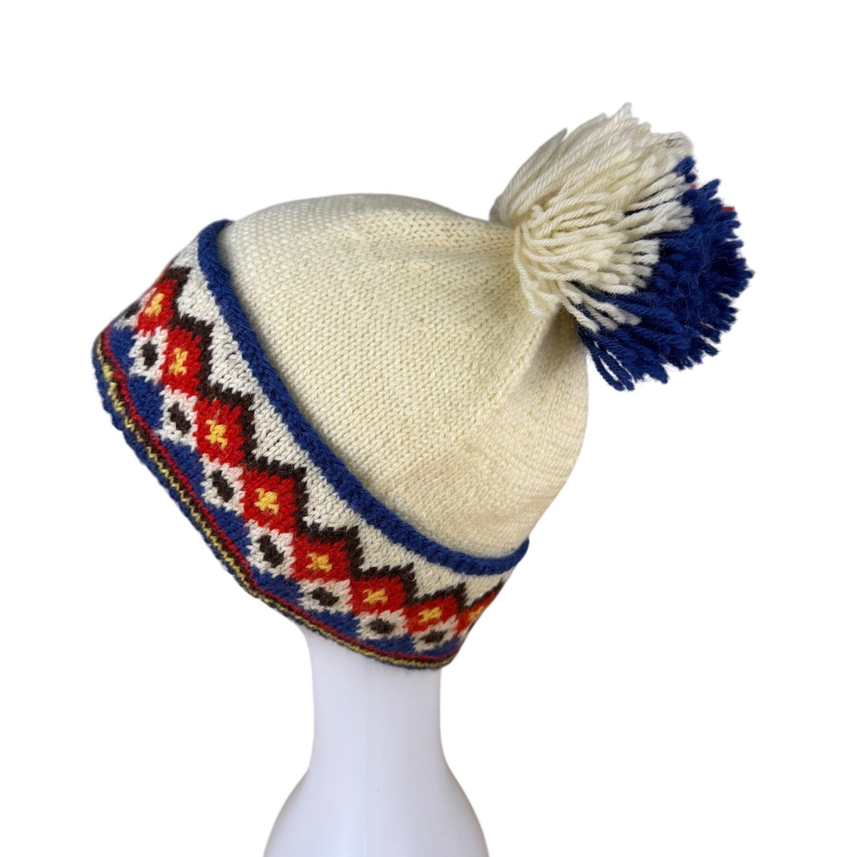 Handmade White & Multicolor Wool Knit Pom Pom Winter Hat With Fair Isle Pattern