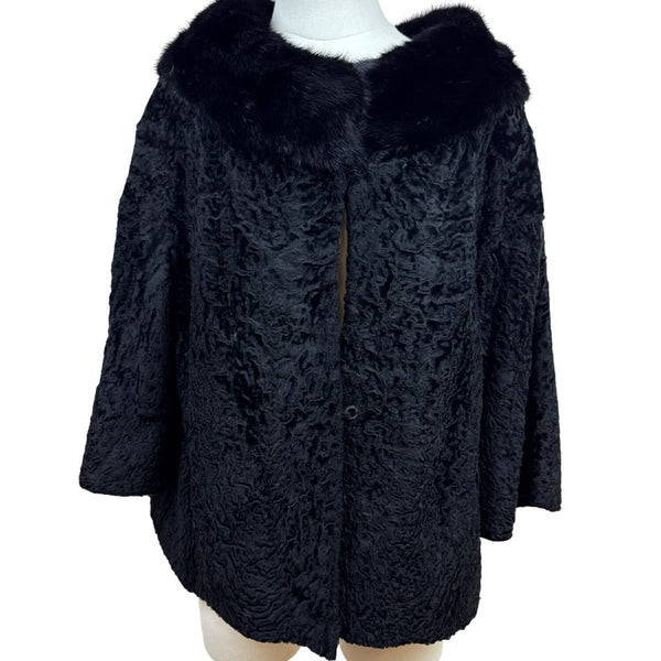 Vintage 50s - 60s Helen L Black Fur Cap Textured Body and Mink-Style Collar S/M