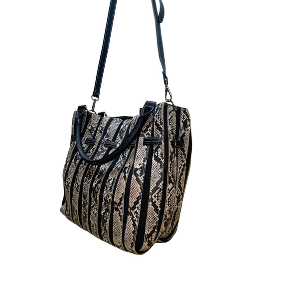 Salon De Ruban Women’s Black & Beige Snake Print Adjustable Strap Tote Bag