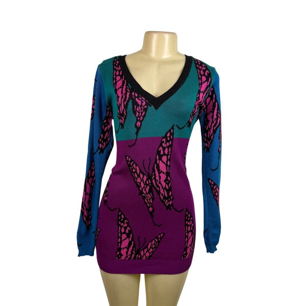 Betsey Johnson Womens Multicolor Butterfly Print V-Neck Sweater Dress Sz M