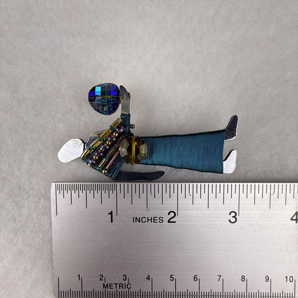 Liztech Gold Tone & Teal Figure Brooch Unique Wire Wrapped Beads Crystals
