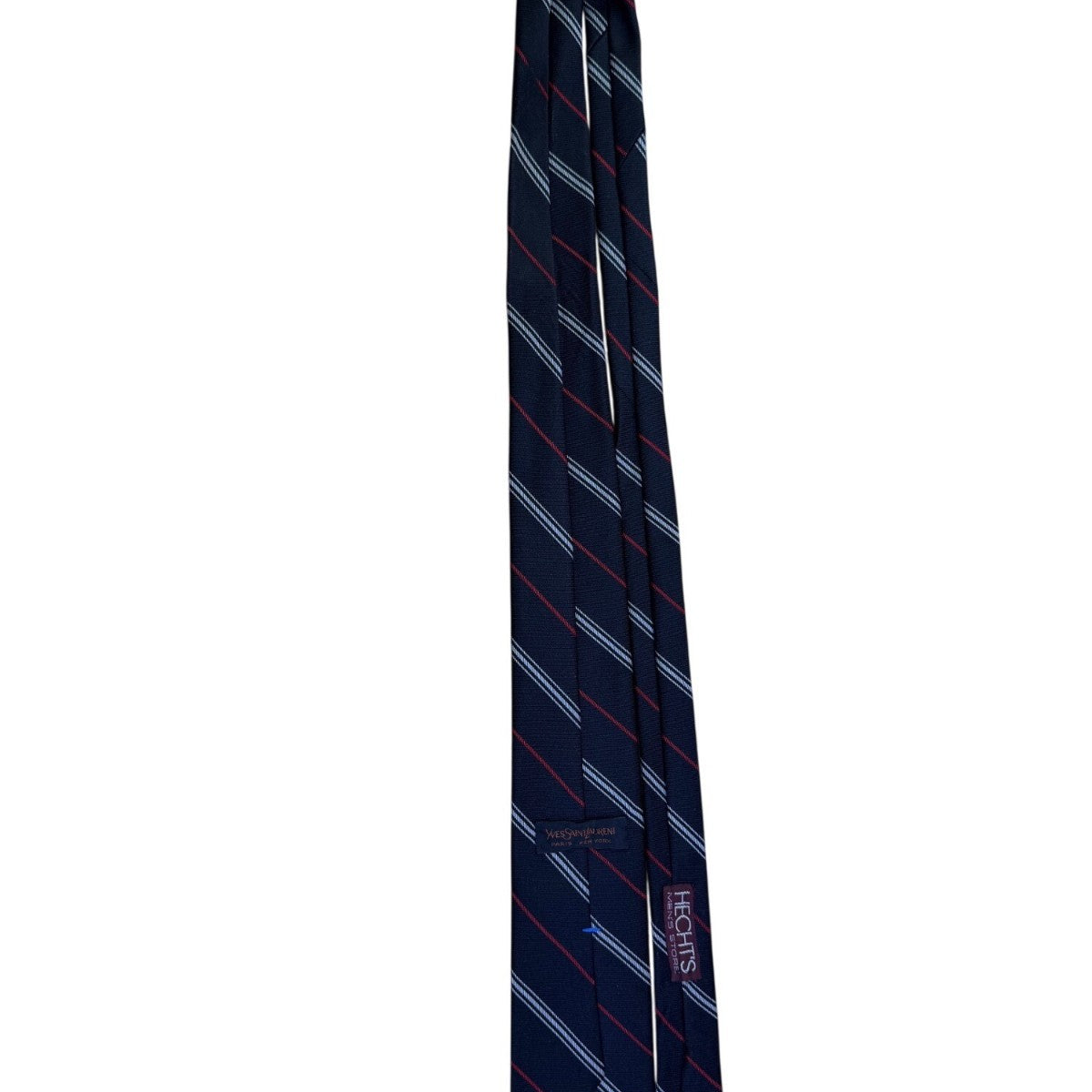 Y Saint Laurent Mens Navy Silk Tie Striped Pattern Red & White Accents
