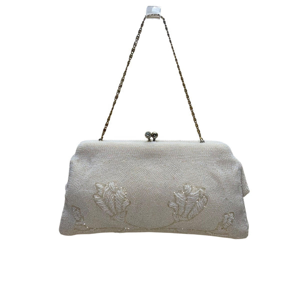 La Regale Women’s Ivory Beaded Floral Detail Evening Bag W/ Chain Strap