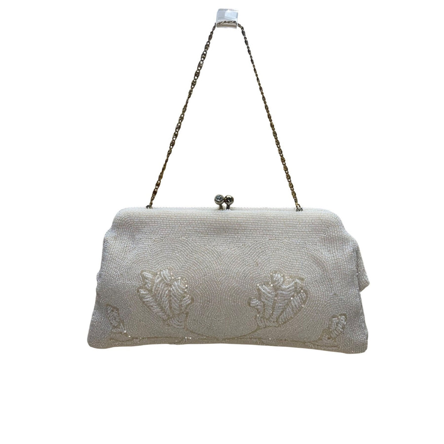 La Regale Women’s Ivory Beaded Floral Detail Evening Bag W/ Chain Strap