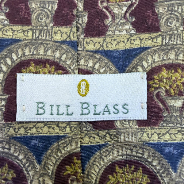 Bill Blass Mens Burgundy/Gold/Blue 100% Silk Patterned Necktie With Arch Motif
