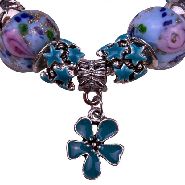 Silver Tone Womens Blue Glass Bead & Enamel Flower Charm Bracelet 