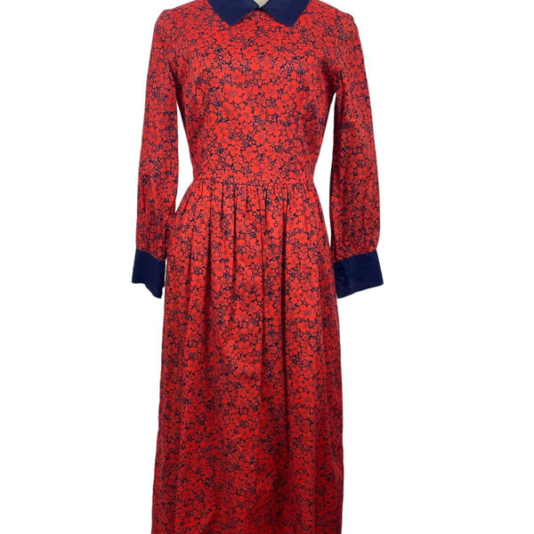 Vintage Therese Red & Navy Floral Long Sleeve Midi Dress