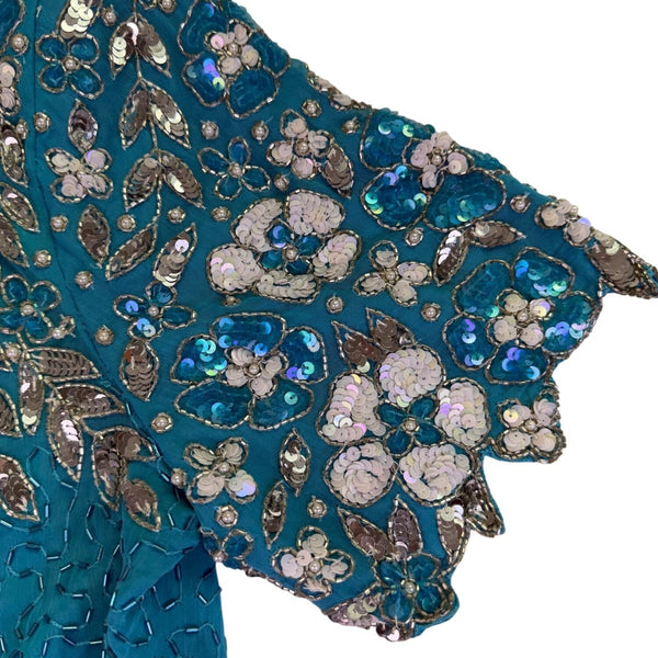 Sténay Womens Teal Beaded Sequin Floral Silk Evening Cocktail Dress Size 14