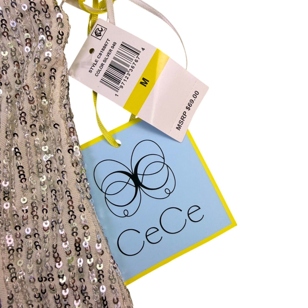 Cece Womens Silver Sequin Top Sleeveless Crew Neck Size M