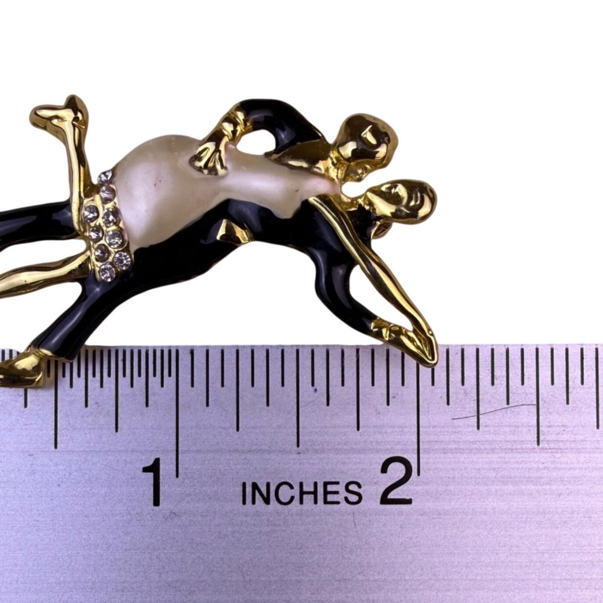 Vintage Unknown Gold Tone Enamel Dancing Couple Brooch Rhinestones