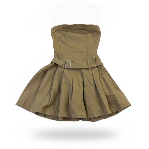 Francescas Womens Khaki Cotton Strapless Belted Dress Pleated Casual Chic Sz XS 