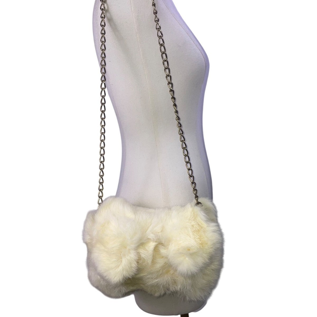 Women’s White Yellowish Faux Fur  Soft Plush Exterior  Chain Strap Shoulder Bag