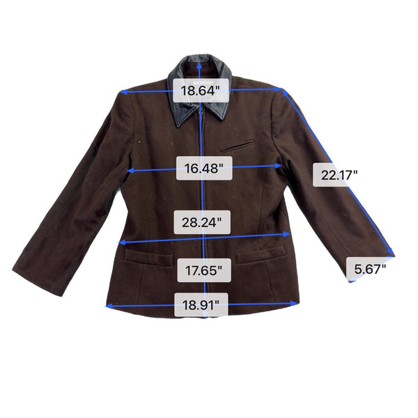 New Frontier Women’s Brown Wool Jacket Leather Trim Zip Front Vintage Size L 