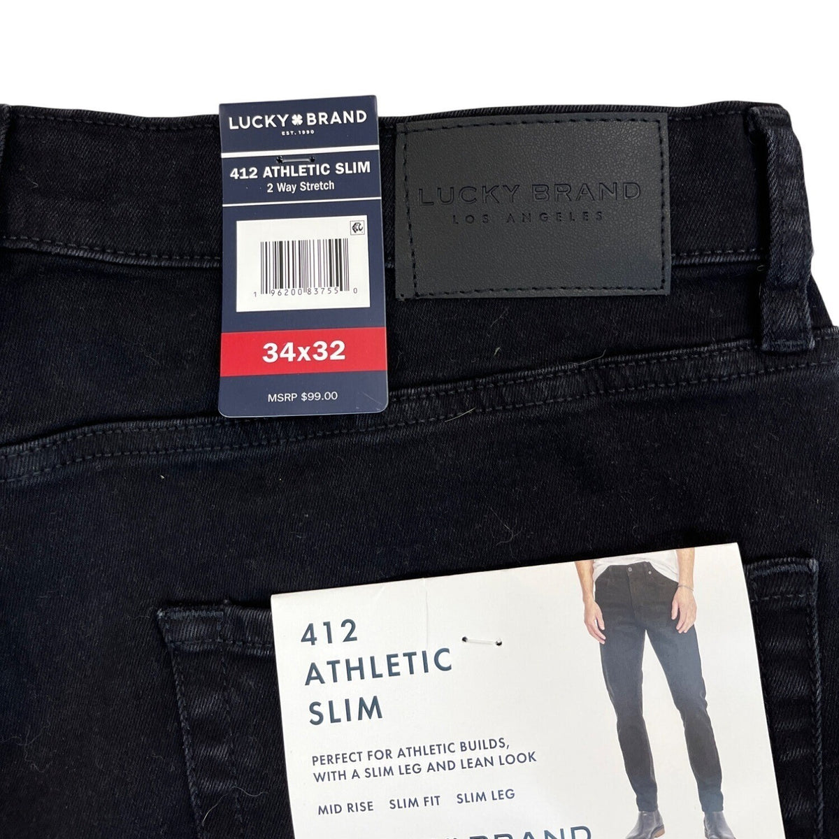 Lucky Brand Mens 412 Athletic Slim Jeans Black Mid Rise Stretch Sz 34x32 - New