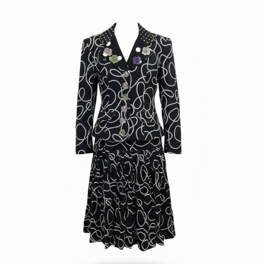 Platinum Womens Black & White Cotton Blazer And Flowy Skirt 2-Piece Set