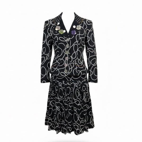 Platinum Womens Black & White Cotton Blazer And Flowy Skirt 2-Piece Set