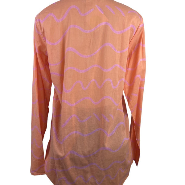 See Design Women’s Coral Long-Sleeve Tunic Blouse With Wave Pattern Sz L - New